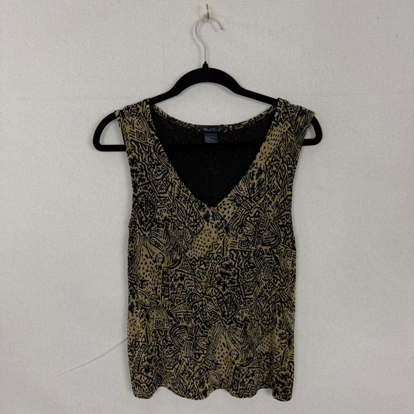 West End Tops - Vintage West End Womens Abstract V-Neck Tank Top Tan Black Sleeveless JS1U0885 M